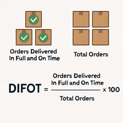 "DIFOT formula illustrated with boxes showing orders delivered in full and on time compared to total orders. DIFOT = (Orders Delivered In Full and On Time ÷ Total Orders) × 100."