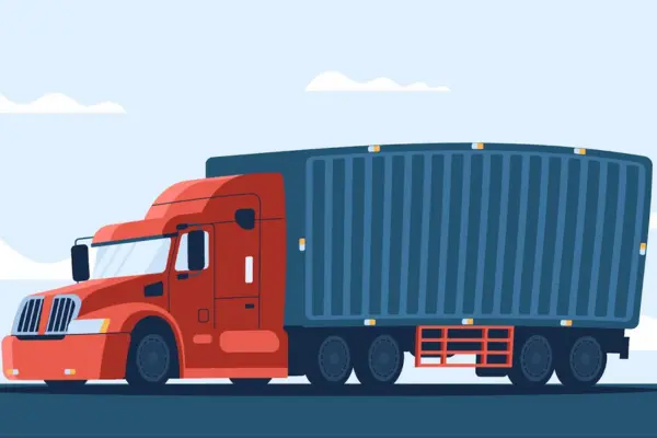 Illustration of a red semi-truck transporting a large shipping container, symbolizing freight movement and the importance of tare weight in logistics.