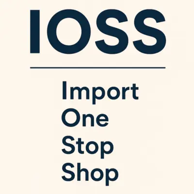Infographic with the acronym 'IOSS' in large bold letters at the top, a horizontal line below, and the words 'Import One Stop Shop' written vertically underneath.