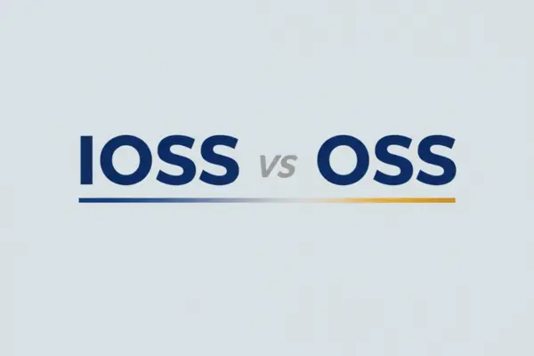 Simple graphic showing the text 'IOSS vs OSS' in bold blue letters against a light background, with a colored underline, representing a comparison between the Import One Stop Shop and One Stop Shop VAT schemes.