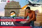 A collage for personal effects shipping to India, showing a man packing his belongings, moving boxes labeled "Books" and "Fragile," with a background of India Gate, a cargo plane, and a container ship.