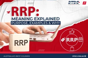 Visual banner illustrating RRP meaning with text ‘RRP: Meaning Explained – Purpose, Examples & Why’, showing a person typing on a laptop and a wooden block labeled RRP, representing Recommended Retail Price concept.