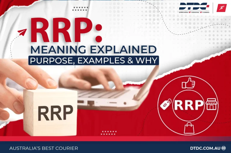 Visual banner illustrating RRP meaning with text ‘RRP: Meaning Explained – Purpose, Examples & Why’, showing a person typing on a laptop and a wooden block labeled RRP, representing Recommended Retail Price concept.