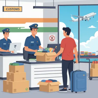 A man at an airport customs desk is having his personal effects inspected by two customs officers. He stands with a blue rolling suitcase and an open cardboard box filled with clothes is on the counter, with more packed boxes beside him. In the background, an airplane takes off from a runway and shipping containers are visible, illustrating the process of shipping personal effects.