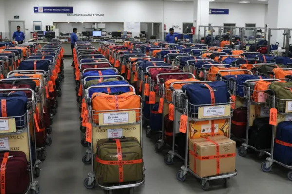 Detained baggage held by customs for non-payment of duties. The image shows numerous colorful bags, likely containing personal effects, neatly and safely stored in large metal rolling cages within a secure facility.