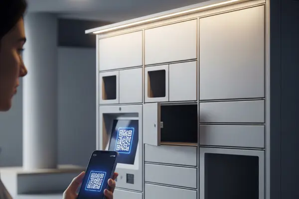 A person using a smartphone with a QR code to access a secure parcel locker for home for package retrieval.