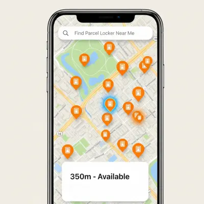 A mobile app interface displaying a map with multiple pins to help a user find nearby parcel locker locations.