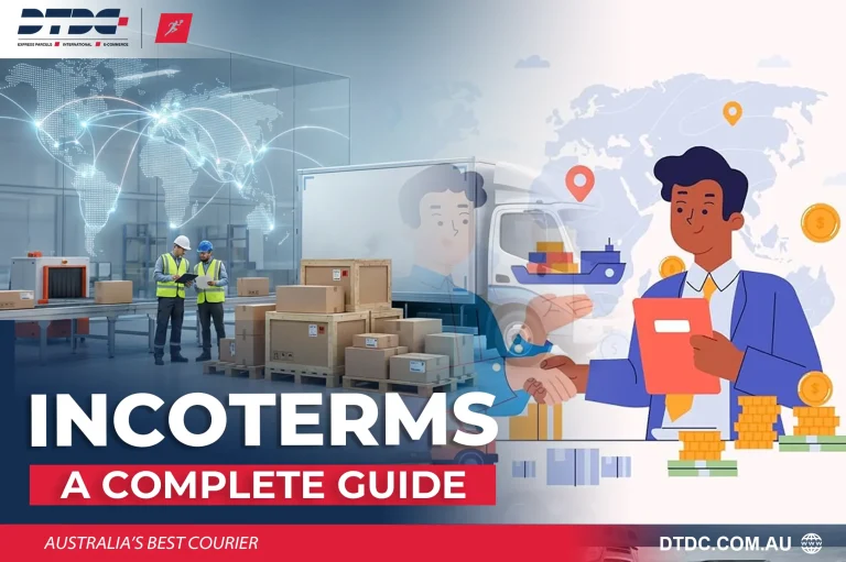 A logistics-themed graphic showing warehouse workers with boxes, global trade icons, and illustrated shipping elements, representing international shipping concepts for an Incoterms guide.