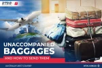 Stack of suitcases and travel bags representing unaccompanied baggage shipping, with an airplane flying over a city skyline and DTDC Australia branding.