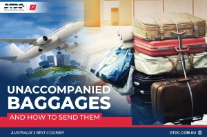 Stack of suitcases and travel bags representing unaccompanied baggage shipping, with an airplane flying over a city skyline and DTDC Australia branding.