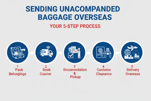 A five-step infographic illustrating the process of sending unaccompanied baggage overseas, showing icons for each stage: packing belongings, booking a courier, documentation and pickup, customs clearance, and delivery overseas.