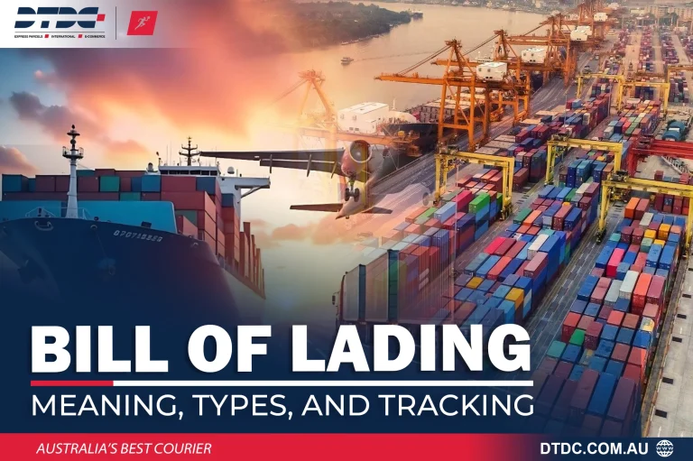 Bill of lading concept illustrated with a cargo ship, airplane, and container port representing global shipping, meaning, types, and tracking.