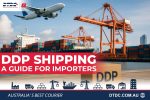 DDP shipping explained with cargo ship, containers, aircraft and port cranes illustrating delivered duty paid shipping for importers.