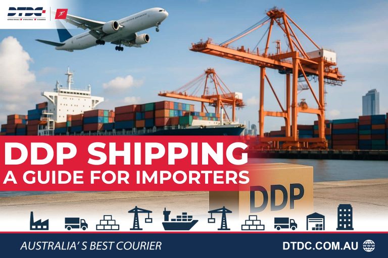 DDP shipping explained with cargo ship, containers, aircraft and port cranes illustrating delivered duty paid shipping for importers.