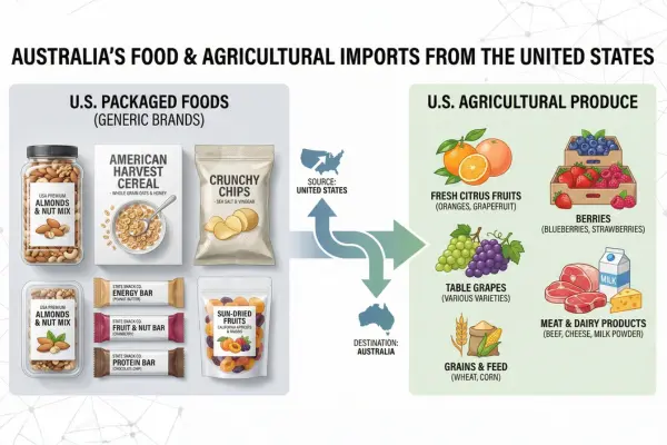 Infographic illustrating what does Australia import from USA, including U.S. packaged foods like nuts, cereal, chips, energy bars, and dried fruits, along with agricultural produce such as citrus fruits, berries, table grapes, grains, and meat and dairy products. Visual showing trade flow from the United States to Australia.
