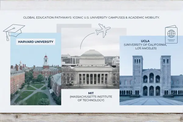 Collage of iconic U.S. universities Harvard University, MIT, and UCLA highlighting education-related services Australians import from the USA, a key part of what does Australia import from USA along with travel, academic programs, and student mobility trends.