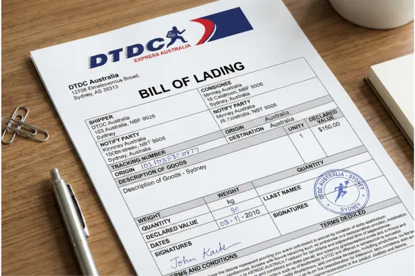 Bill of lading example showing shipment details, carrier information, signatures, and tracking number on a DTDC form.