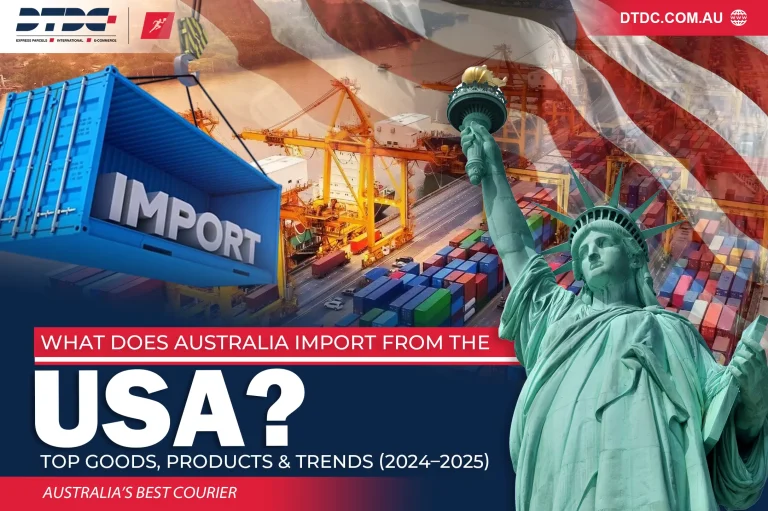 Featured graphic for the blog ‘What Does Australia Import from USA?’ showing a shipping container labeled ‘Import,’ U.S. port cranes, cargo containers, and the Statue of Liberty, symbolising key U.S. goods Australia imports in 2024–2025.