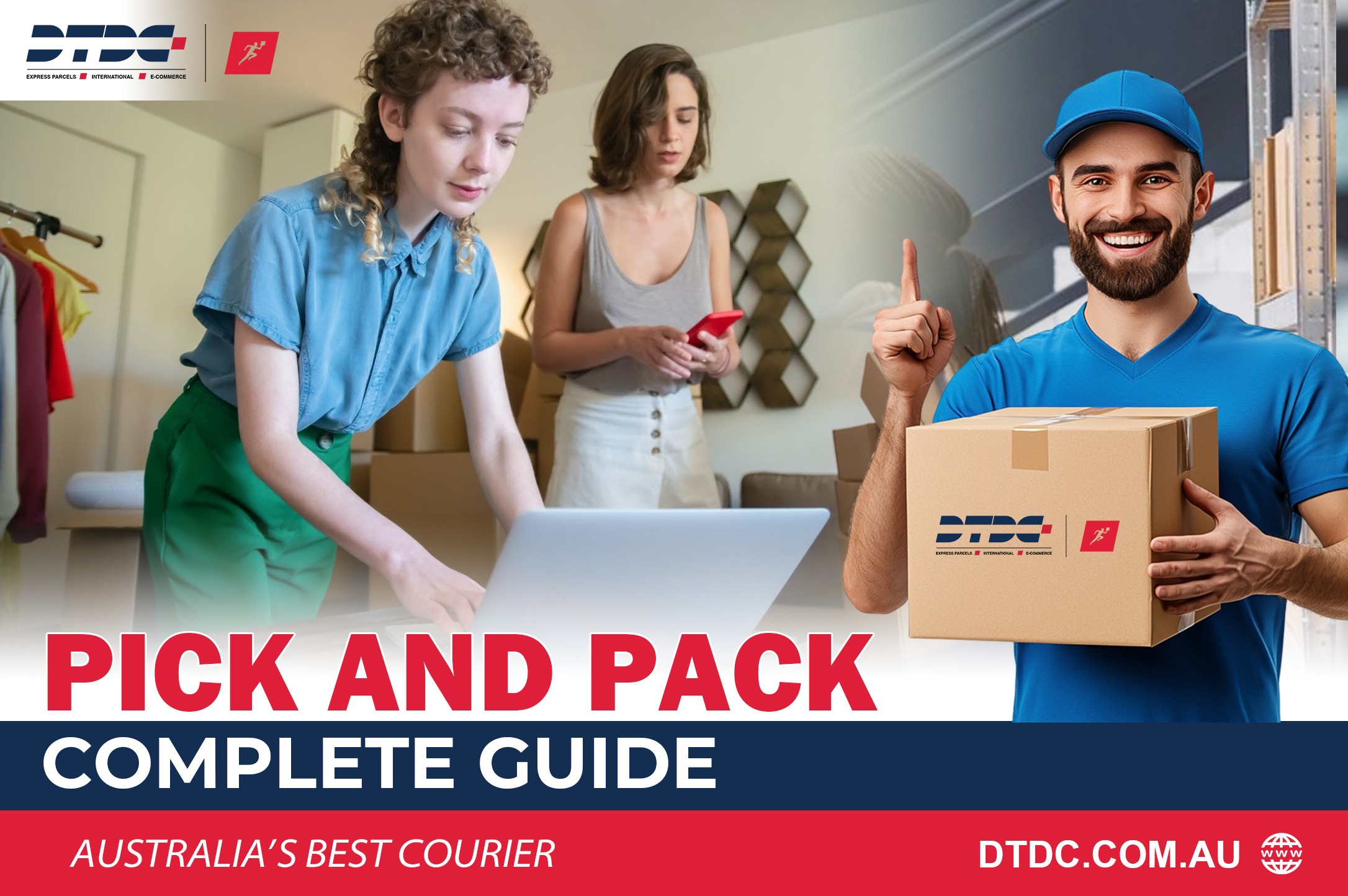 Pick and pack fulfilment process showing warehouse staff preparing orders and a courier holding a packaged box for delivery.