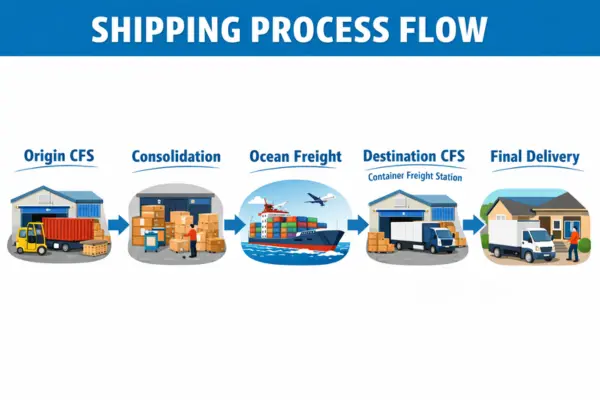 LCL shipping process flow showing origin CFS, cargo consolidation, ocean freight transport, destination CFS, and final delivery